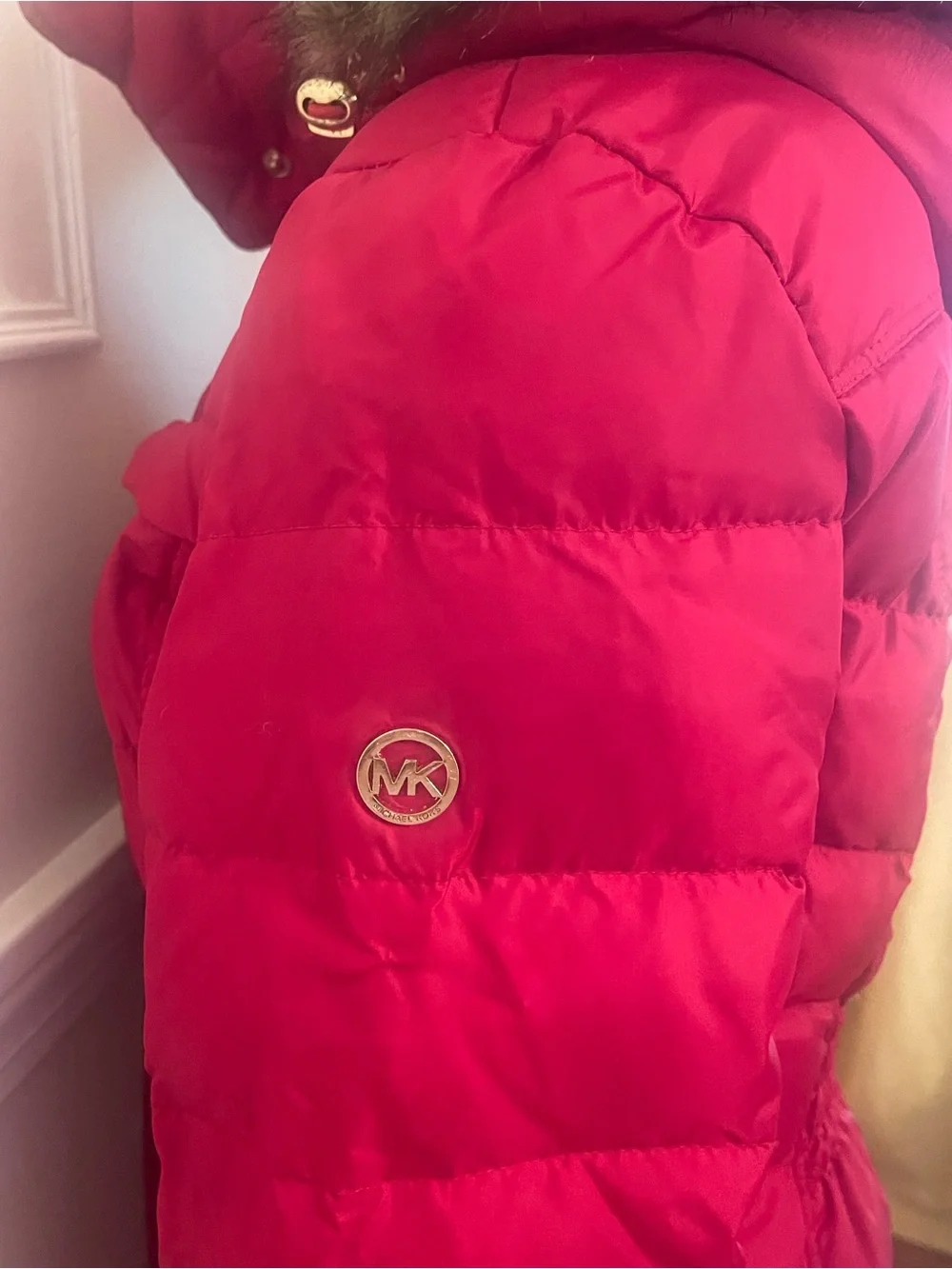 Michael Kors Red Long Quilted Puffer Coat with Faux Fur Hood